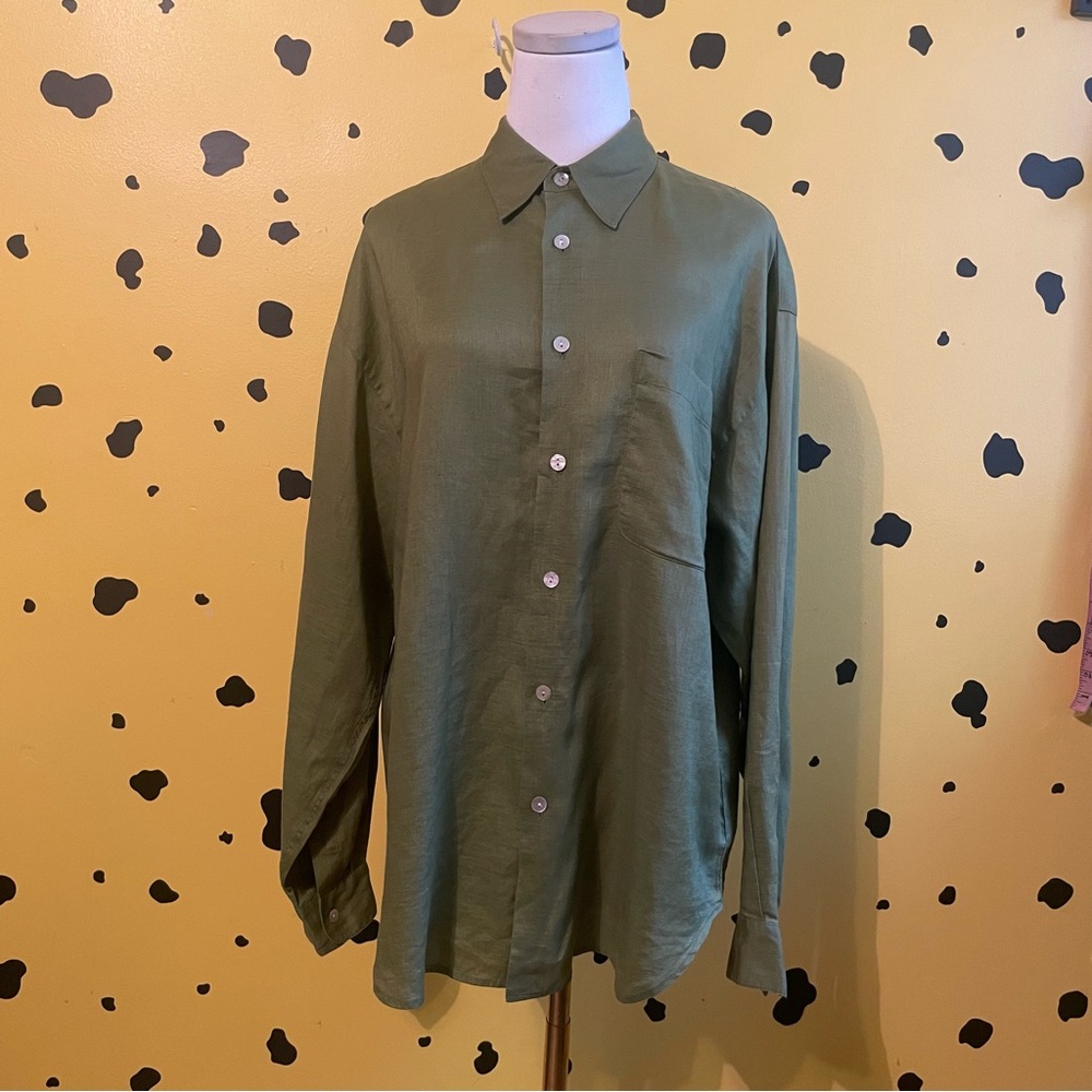 Flatiron Workshop Olive linen button-down Shirt Womens M Relaxed Minimal Preppy